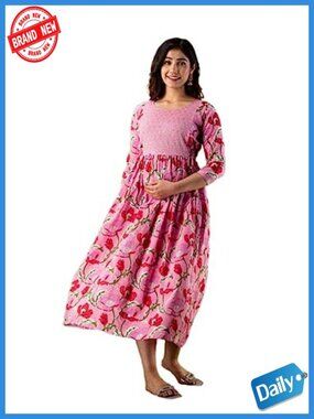 Maternity Nursing Dress Cotton Floral Print Kurita Anarkali With Feeding Access